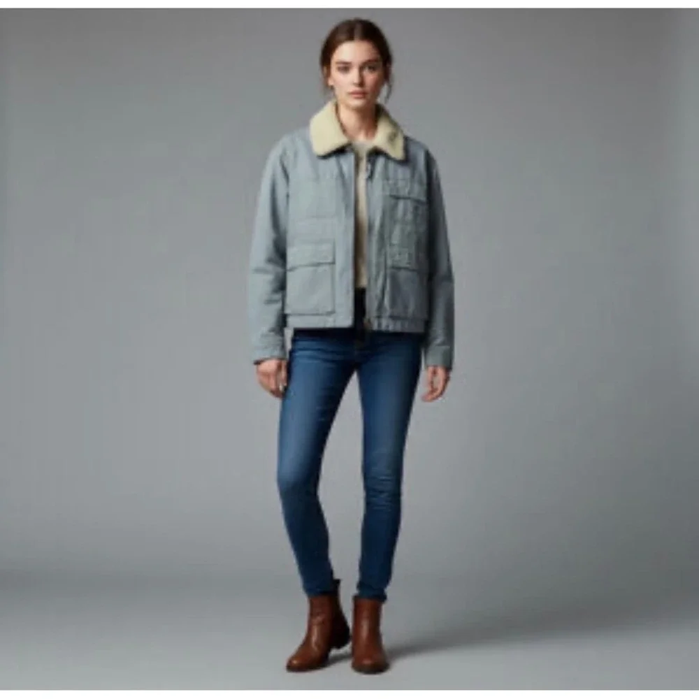 American Eagle Utility Jacket Women's Lg Blue Sherpa‎ Collar Canvas Zip